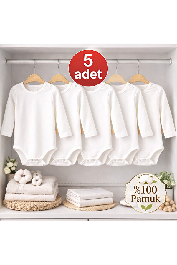 OMY 5'li 0-5 Yaş %100 Pamuk Uzun Kollu Bebek Body Pamuklu Unisex Kız Erkek Bebek Body Zıbın