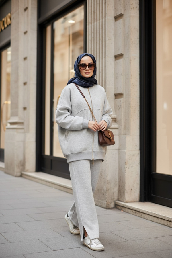 Aselim Hijap Moda 3 İplik Ş Fleece-Lined Bomber Double Hijab Set | Cotton Comfortable Suit Grimelange