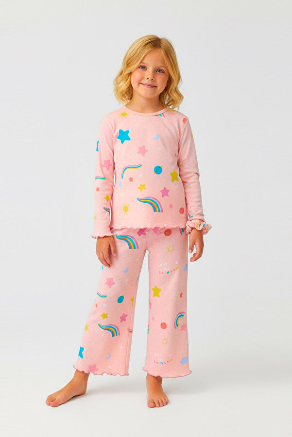 bunny hopp Gökkuşağı Desenli %100 Pamuklu Kız Çocuk Pijama Takımı - Toka Aksesuarlı Mevsimlik Takım