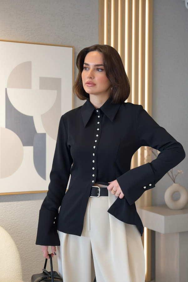 SHILSEE BEUTİQUE Women's Crepe Fabric Body Fit Shirt with Cuffs and Buttons Black