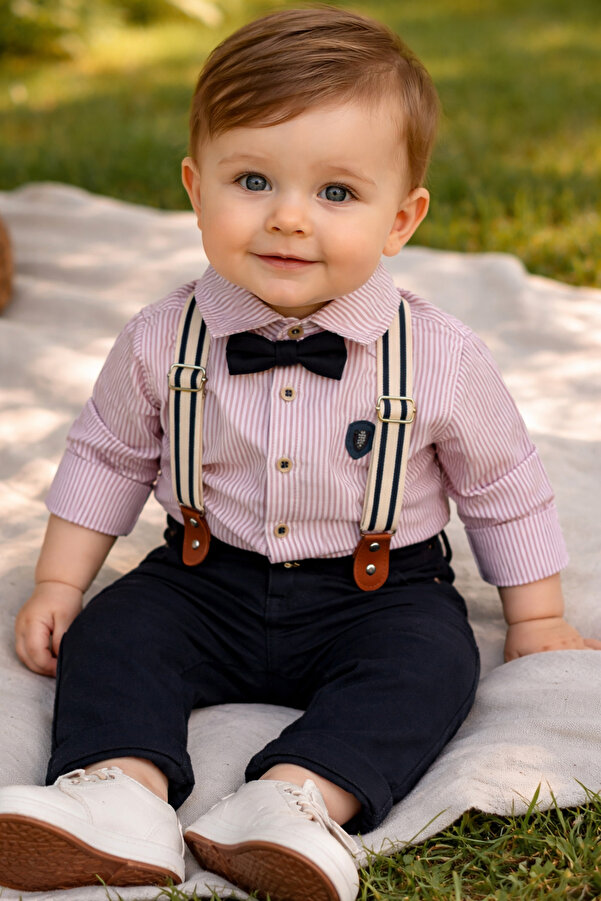 AKİ MODA KİDS erkek bebek pantolon gömlek papyonlu askılı takım