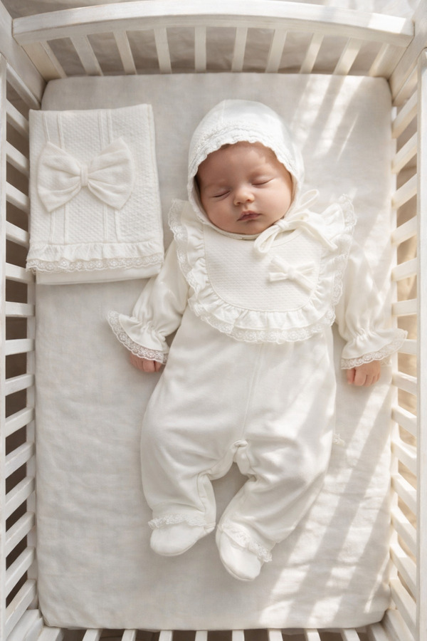 Mert Baby Bella 3'lü Organik Hastane Çıkış Seti Dantel Yaka %100 Pamuk Yenidoğan Kız Bebek