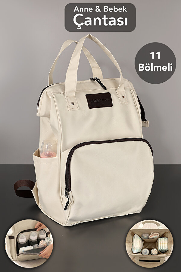 Meleni Baby Anne Bebek Bakım Sırt Çantası - Bebek Arabası Askı Aparatlı Biberon Bölmeli Sırt Çantası Bej