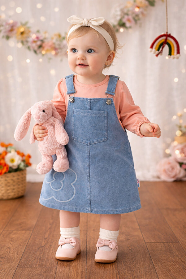 Baby Buu Yanı çiçek nakışlı Denim Kotlu Kız Bebek Bayramlık Elbise Bahçıvan 6-9 Ay,9-12Ay, 12-18Ay, 18-24Ay