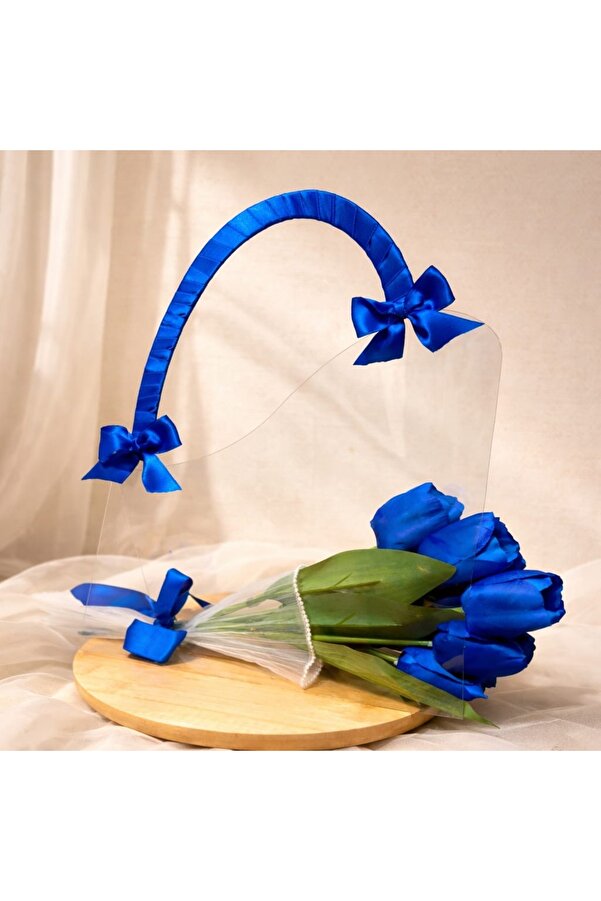 ADA HOME COLLECTION SHOP KADINLAR GÜNÜ DOĞUM GÜNÜ ANNELER GÜNÜ SEVGİLİ İÇİN MAVİ LALE ÖZEL TASARIM ŞEFFAF ÇANTA ÇİÇEK BUKETİ