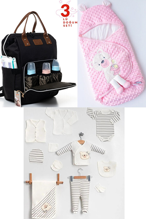 Pimadyo 3'lü Set (Bebek Bakım Çantası,10'lu Hastane Çıkışı,Kundak)