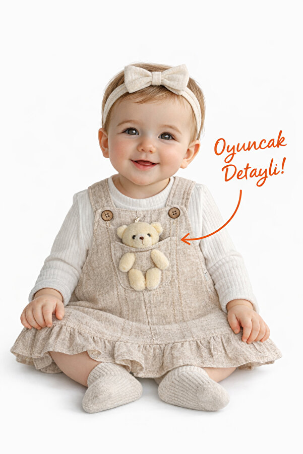 moukou Oyuncak Detaylı Askılı Kız Bebek Elbise Takım %100 Pamuk Salopet Elbise