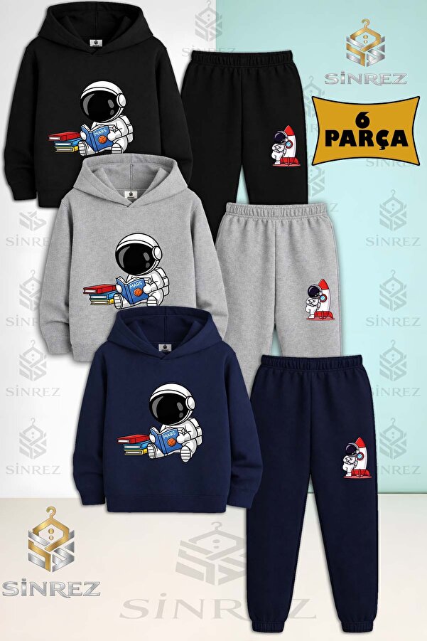 SİNREZ 3'Lü Çocuk Unısex ASTRONOT KITAP OKUYAN Baskılı Kapşonlu Eşofman Takımı