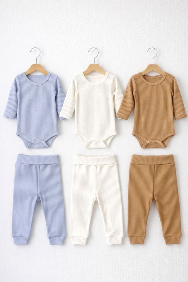 Bebe wini 3'lü %100 Pamuk Uzun Kol Bebek Zıbın ve pantolon Takımı