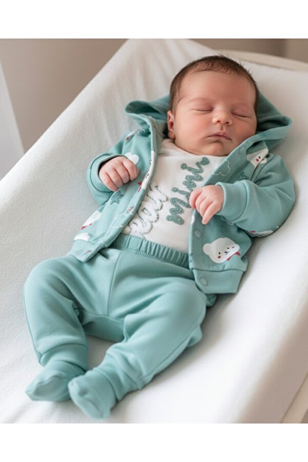 Ege Bebek Erkek Bebek Mini Bear Desenli 3 Parça Mevsimlik Zıbın Takımı / Alt Üst Takım Yenidoğan
