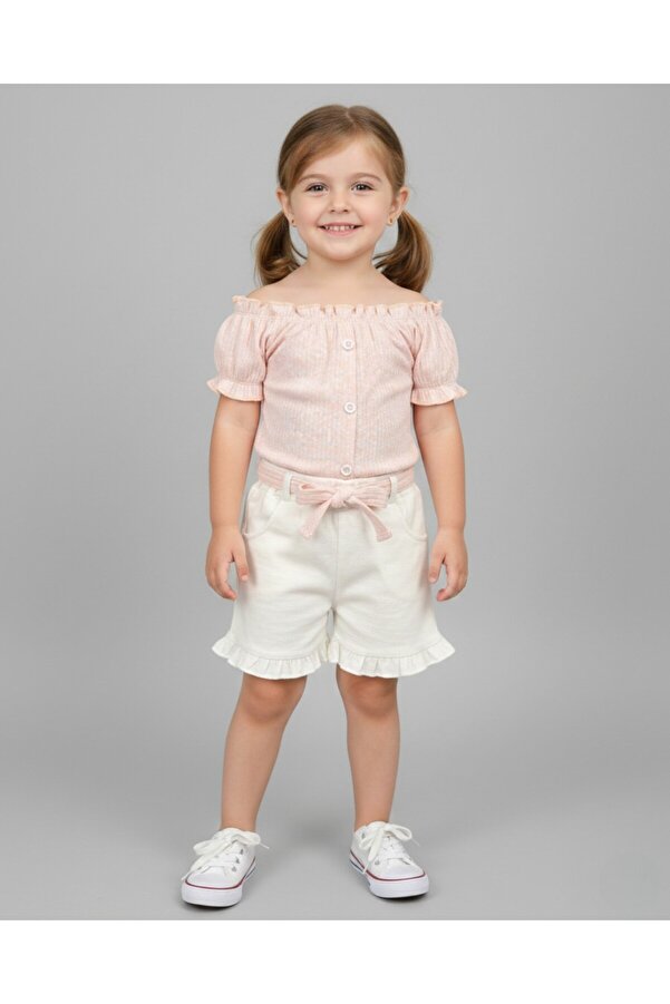 Ege Bebek Kız Çocuk Yazlık Interlok Fitilli Kumaş Çiçek Baskılı Müslin Şortlu Alt Üst Bebek Takımı