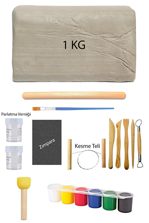 ACUTO Beyaz Seramik Hamuru 1 Kg Kil Ebeşuar Seti Akrilik Boya 50 ml Vernik Ahşap Düz Merdane Zımpara