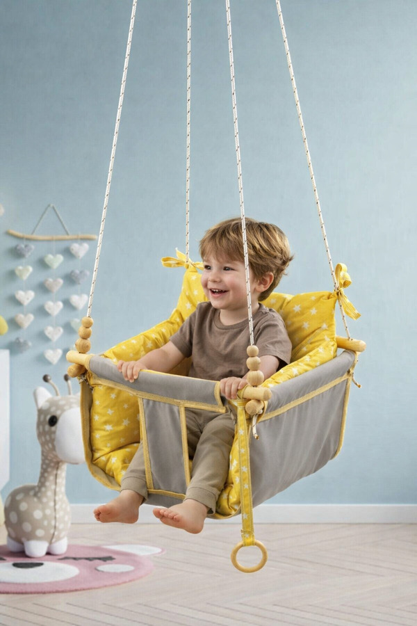 Bundera Wag Swing Gri Ev İçi Çocuk Salıncağı Ahşap Çocuk Salıncak Hamak Portatif Tavan Bahçe Salıncakları