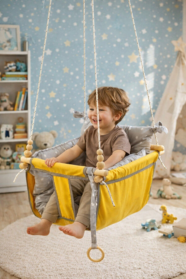 Bundeba Wag Swing Sarı Ahşap Çocuk Salıncak Hamak Ev İçi Çocuk Salıncağı Portatif Tavan Bahçe Salıncakları