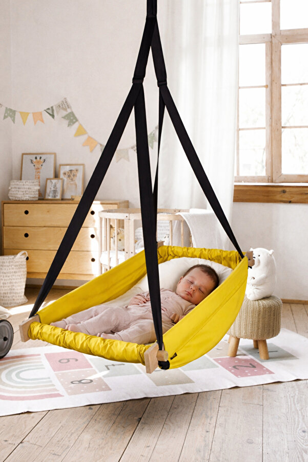 Bundeba Flow Sarı Ahşap Yaylı Zıpzıp Hamak Beşik Hoppala Tavana Asılan Hamak Salıncak Bebek Yatağı