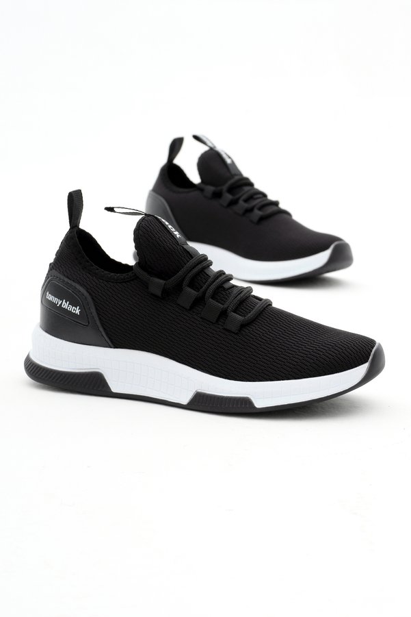 Tonny Black Unisex Black White Breathable Fabric PU Sole Lace-Up Sneakers