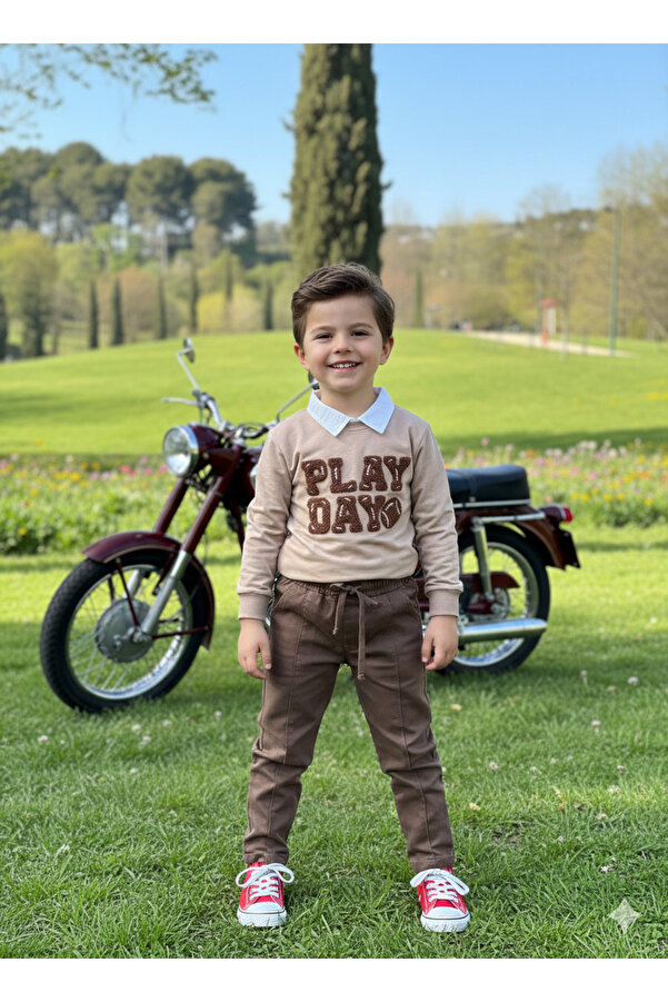 tinytrends Erkek Bebek&Çocuk Play Day Baskılı %100 Pamuk Gömlek Sweatshirt Pantolon 3'lü Takım Elbise Bayramlık