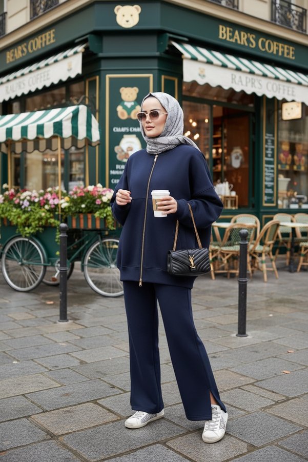Aselim Hijap Moda 3 İplik Ş Fleece-Lined Bomber Double Hijab Set | Cotton Comfortable Suit Navy Blue