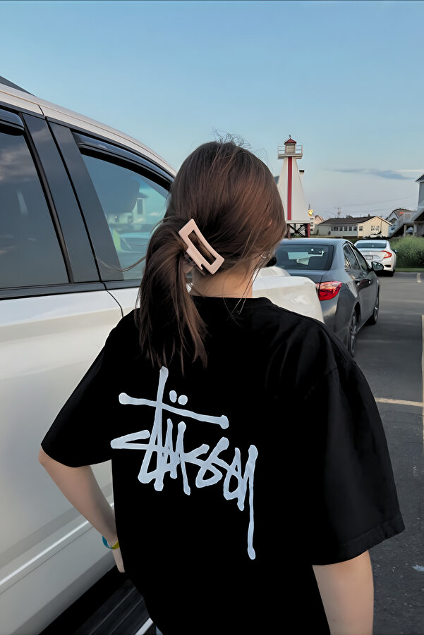 Unisex Stüssy Yazı Baskılı Oversize %100 Pamuk Geniş Kesim Dokulu Bisiklet Yaka Siyah T-Shirt RF0523