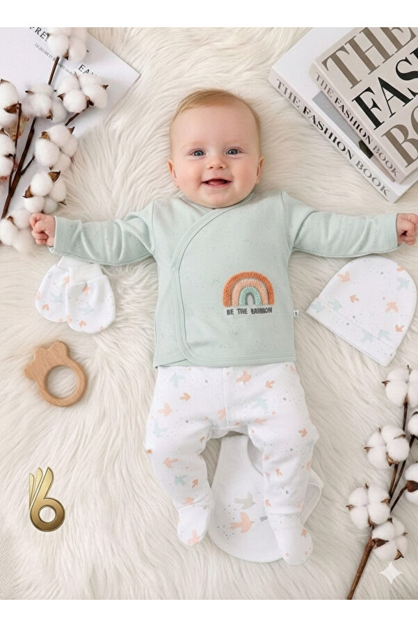 Miniday Baby 5’li Yenidoğan Bebek Hastane Çıkışı Seti Gök Kuşağı Baskılı Kız - Erkek % 100 Pamuklu Unisex Basıc