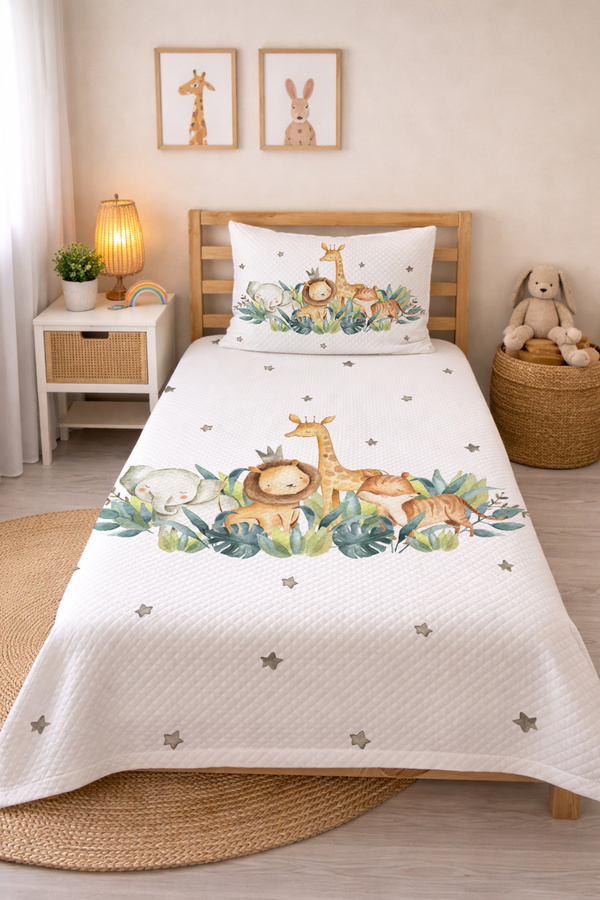 Evmila Hayvanlar Alemi Desenli Bebek Ve Çocuk Baskılı Tek Kişilik Pike Takımı 160x230 Beyaz