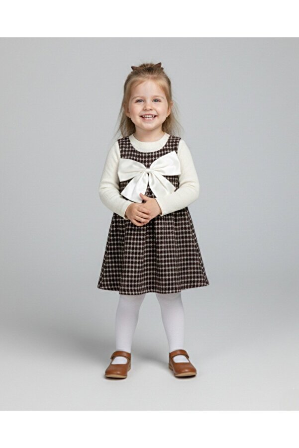 Egelite Kız Çocuk Bayramlık Ekoseli Jileli ve Badili 3-4-5-6-7 Yaş Şık Elbise