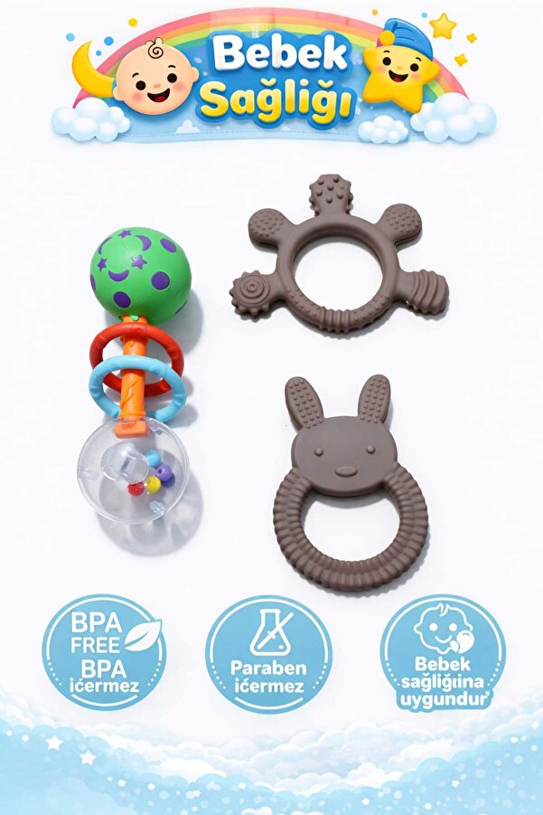 CKM silikon 3’lü Bebek Diş Kaşıyıcı Seti (Parmak + Tavşan + Galaksi Çıngırak)