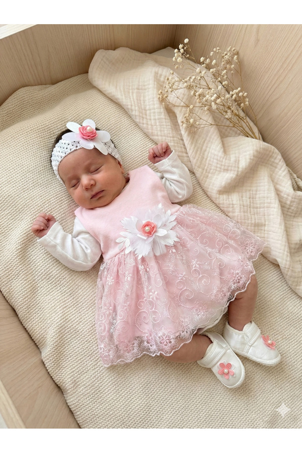 Momivi Kids Kız Bebek Çiçek Detaylı Dantelli Mevlüt Elbisesi Bandanalı ve Ayakkabılı 4'lü Takım