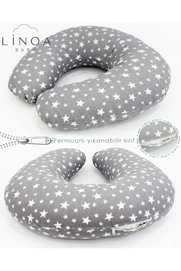 LinoaBaby Çift Taraflı Emzirme Yastığı /bebek Destek Minderi, Hamile Yastığı, Pamuklu Kumaş Gri Yıldız