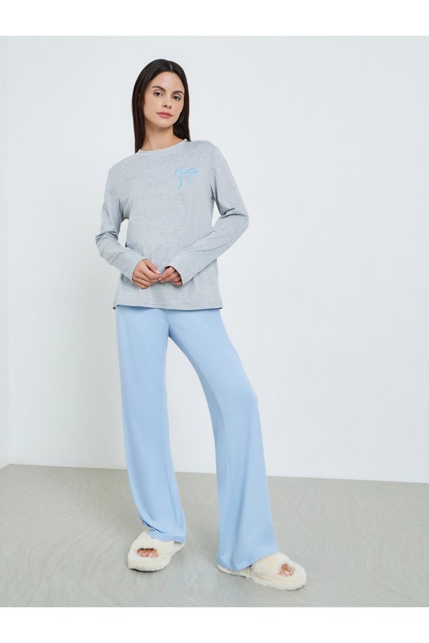 Styli Women Knitted Long Sleeve T-Shirt and Pyjama Set