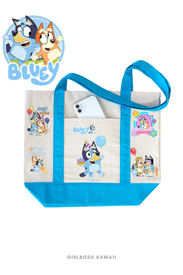 Girlboss Kawaii Bluey ve karakterleri doğum günü ön cepli körüklü büyük kanvas çanta / alışveriş , spor , plaj