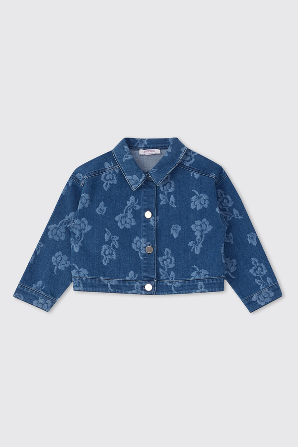Panço Kız Bebek Çiçek Desenli İndigo Kot Ceket