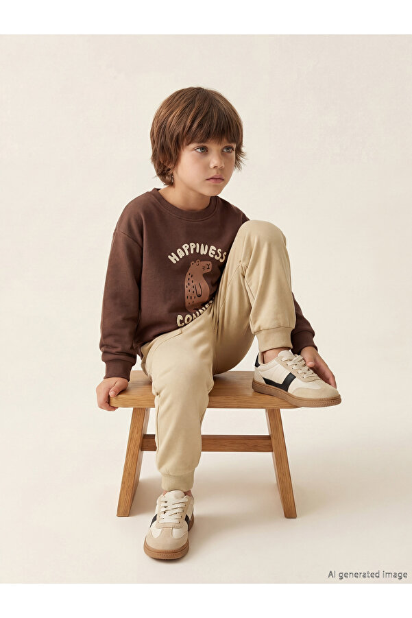 LC Waikiki Elsiva Collection Kahverengi Baskılı Erkek Bebek Sweatshirt