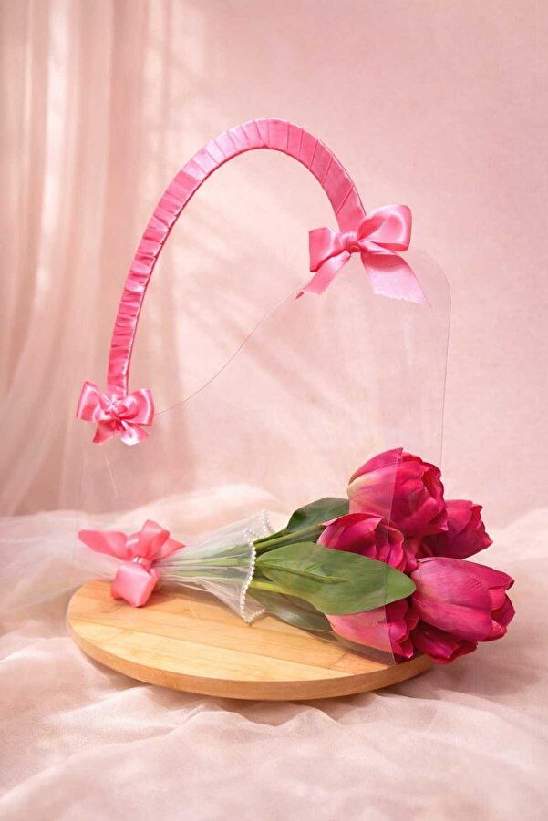 ADA HOME COLLECTION SHOP KADINLAR GÜNÜ ANNELER GÜNÜ DOĞUM GÜNÜ VE SEVGİLİ İÇİN PEMBE LALE ŞEFFAF ÇANTADA ÖZEL TASARIM BUKET