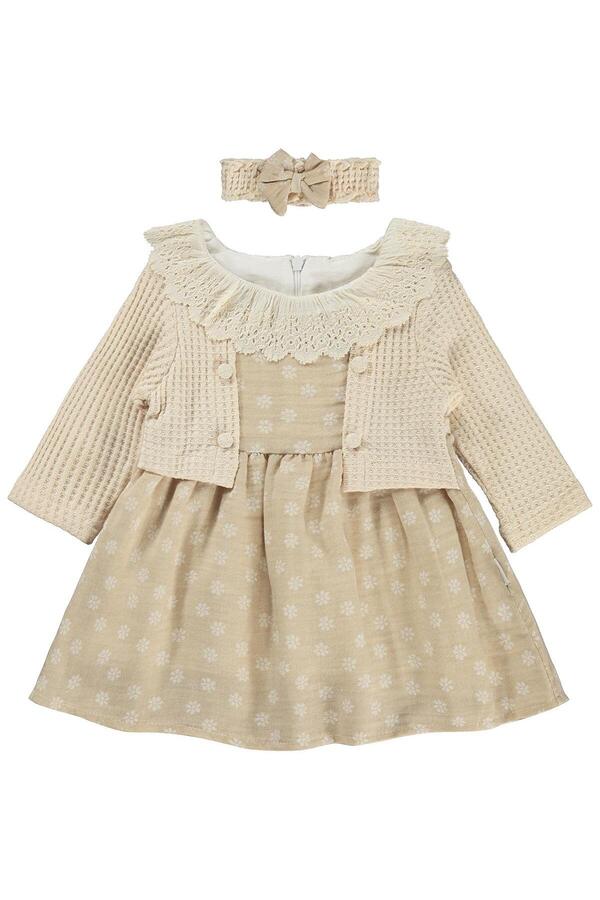 Kumru Lüks Tekstil Süs Bolerolu Bandanalı 6-18 Ay Elbise - Bej