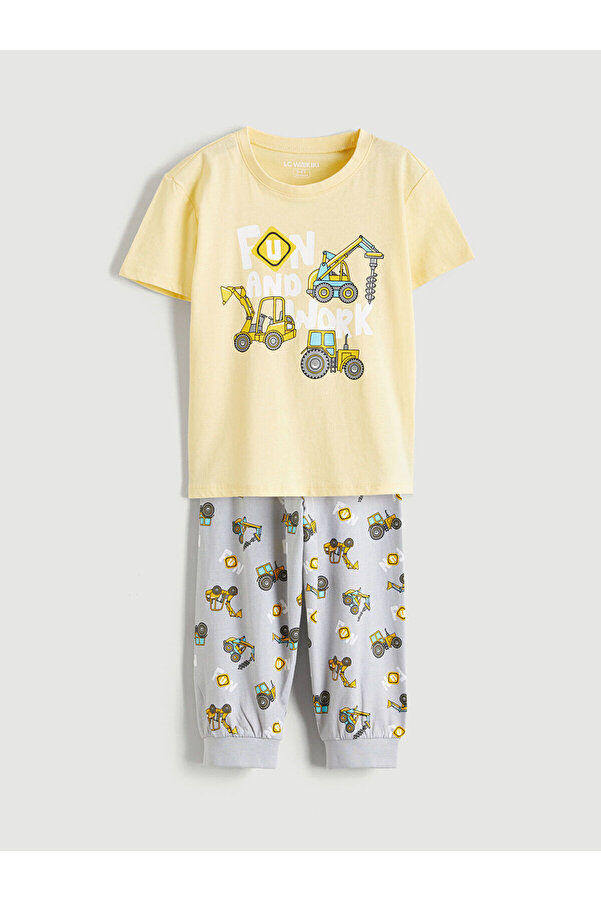 LC Waikiki Elsiva Collection Sarı Bisiklet Yaka Baskılı Erkek Çocuk Pijama Takımı