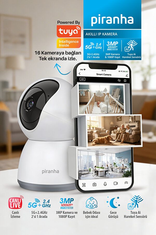 Piranha 9927 WiFi Akıllı Ev Kamerası 360° 1080p 3MP Tuya Gece Görüşlü Geniş Açı Güvenlik Kamerası