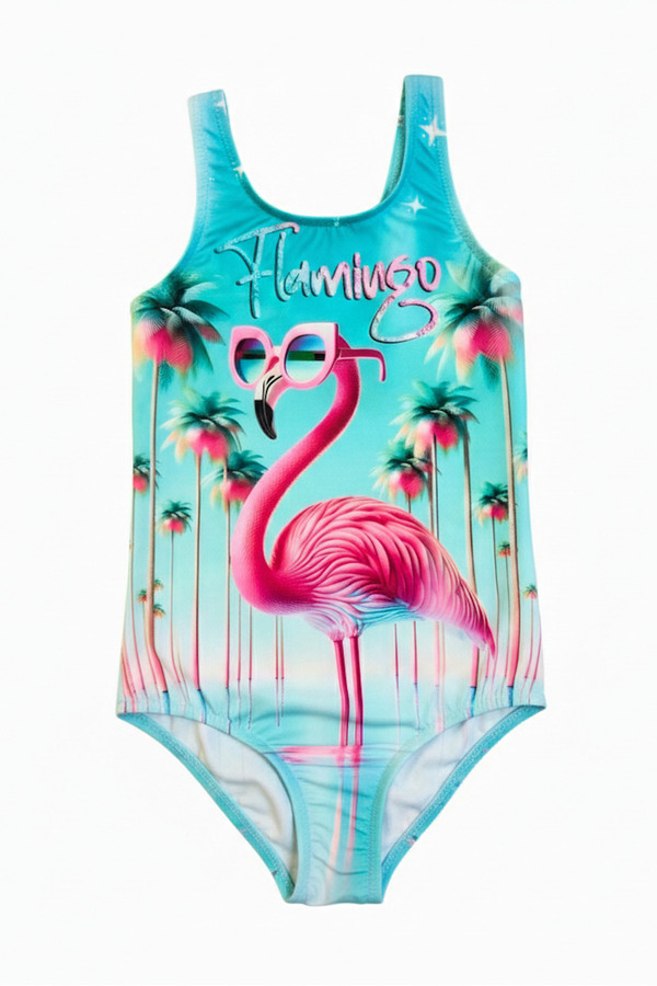 FırsatYeri Kız Çocuk Mayo Gözlüklü Filamingo Desenli Rahat Hızlı Kuruyan Mayo Deniz Havuz Plaj Mayosu