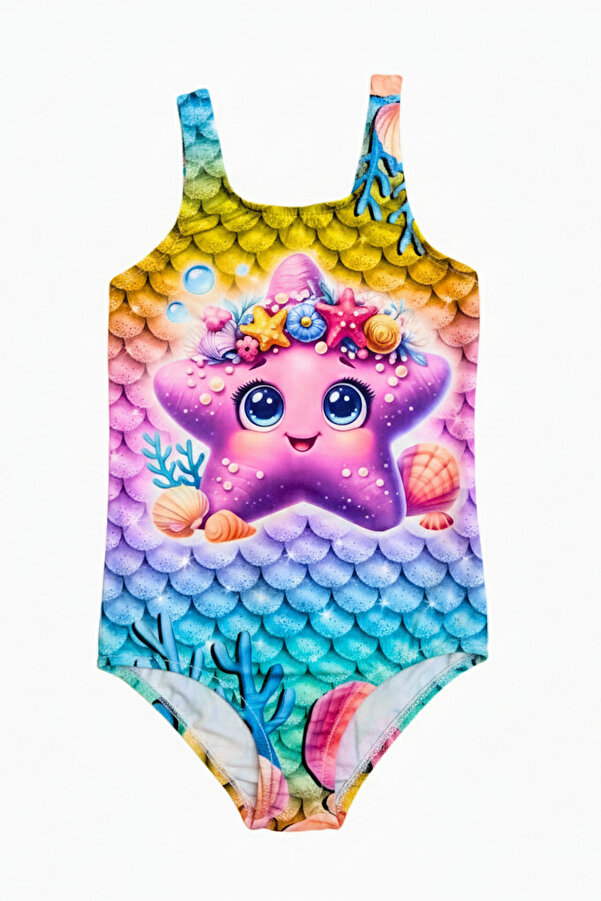 FırsatYeri Kız Çocuk Mayo Deniz Yıldızı Baskılı Rahat Esnek Hızlı Kuruyan Bikini Deniz Havuz Plaj Mayosu