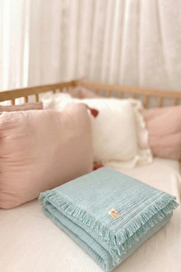 Cigit Dört Kat Püsküllü Organic Müslin Battaniye 80X120 Cm Mint Yeşili