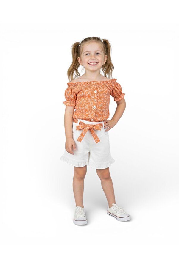 Egelite Kız Çocuk Yazlık 2-3-4-5-6 Yaş Fitilli Üst ve Kemerli Şortlu Şık 2'Lİ Alt Üst Takım