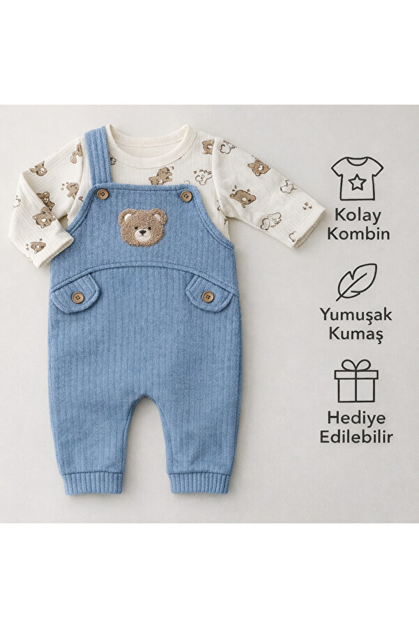 MYZİ STORE Bebek Erkek 3'lü Tulum Takımı - Ayıcık Desenli Badi Ayı Nakışlı Mavi Salopet Ve Çorap Seti Pamuklu