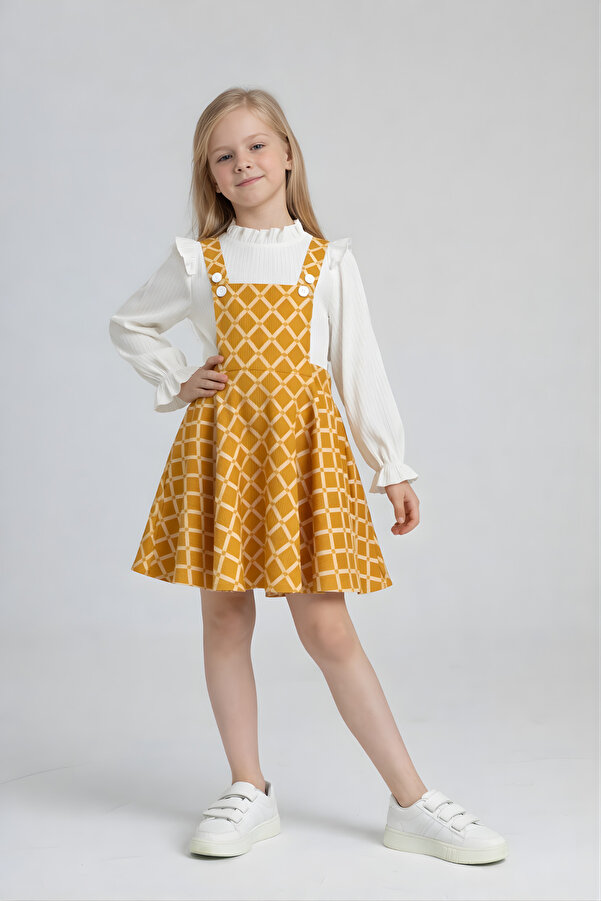 FESSHERA KİDS Kız Çocuk Baklava Desen Salopet Jile ve Fitilli Bluz Takım - Fırfırlı 2'li Alt Üst Set