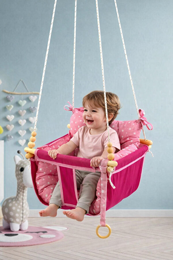 Bundera Wag Swing Pembe Ahşap Çocuk Salıncak Hamak Ev İçi Çocuk Salıncağı Portatif Tavan Bahçe Salıncakları