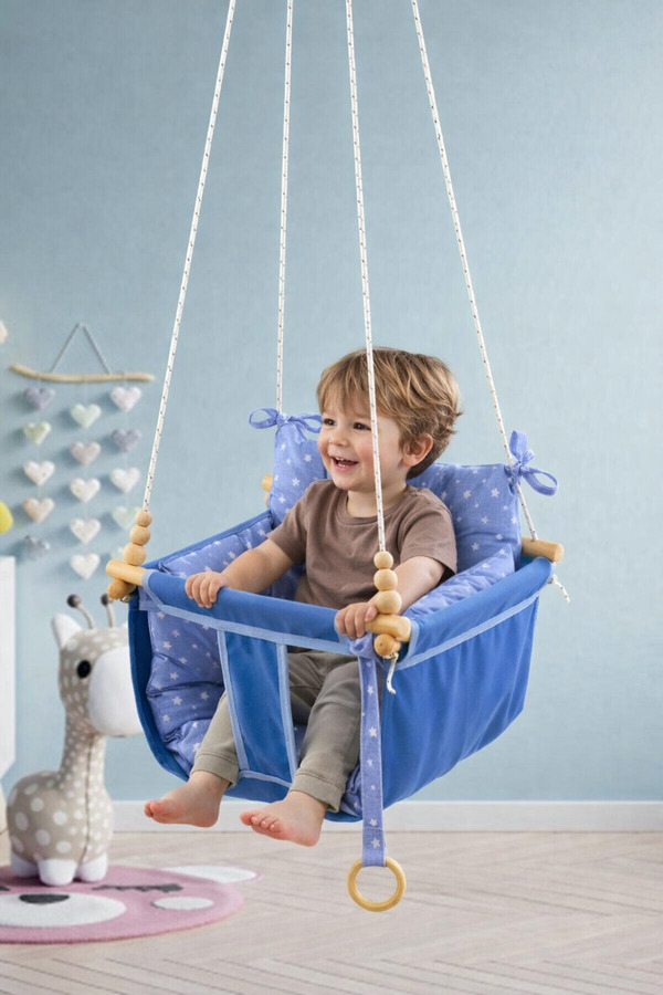 Bundeba Wag Swing Mavi Ev İçi Çocuk Salıncağı Ahşap Çocuk Salıncak Hamak Portatif Tavan Bahçe Salıncakları
