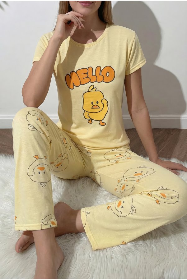 MİSSLALE Chick Patterned Short Sleeve Women's Pajamas Set
