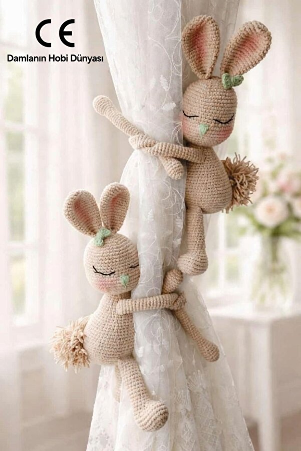 Damla AMİGURUMİ TAVŞAN KARAMEL - 2Lİ PERDE TUTUCU - ORGANİK OYUNCAK