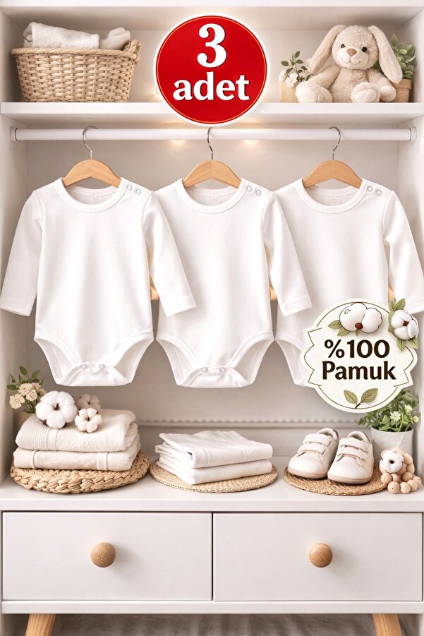 OMY 3'lü 0-5 Yaş %100 Pamuk Uzun Kollu Bebek Body Pamuklu Unisex Kız Erkek Bebek Body Zıbın