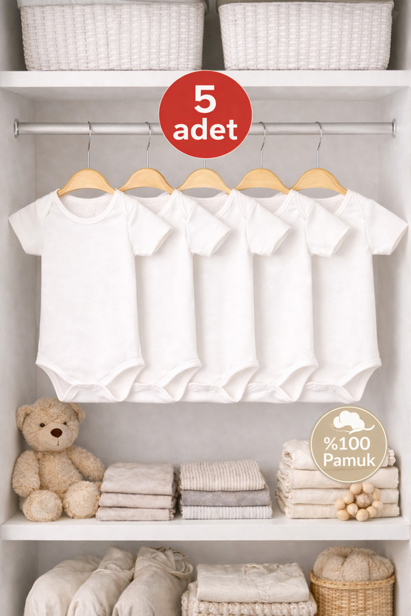 OMY 5'li Kısa Kollu 0-5 Yaş %100 Pamuk Bebek&çocuk Body Bisiklet Yaka Basic Unisex Body&zıbın