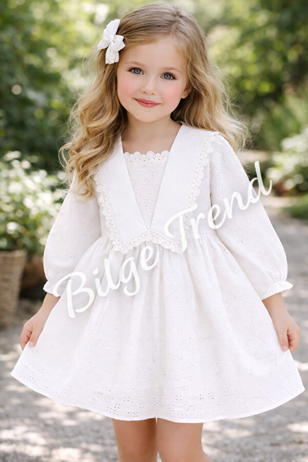 Bilge Trend Kız Bebek Çocuk, V Yakalı Beyaz Dantel Elbise, Doğum Günü, Düğün, Bayramlık, Parti Elbisesi